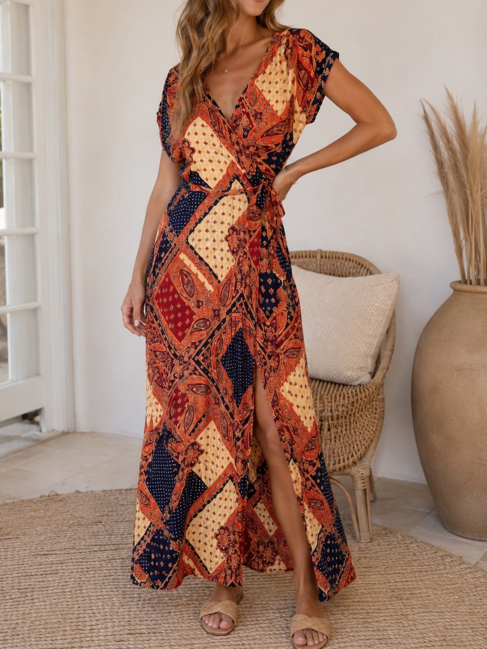 Vici Patchwork Wrap Maxi Dress Size Large Boho Prarie